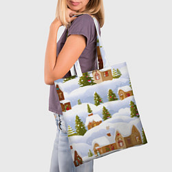 Сумка-шопер Новогодние домики и елочки, цвет: 3D-принт — фото 2
