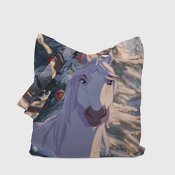 Сумка-шопер Белая лошадь на фоне елки, цвет: 3D-принт