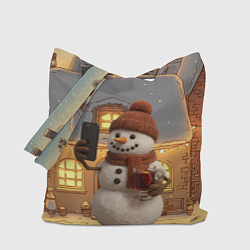 Сумка-шопер Снеговик с глинтвейном делает селфи, цвет: 3D-принт