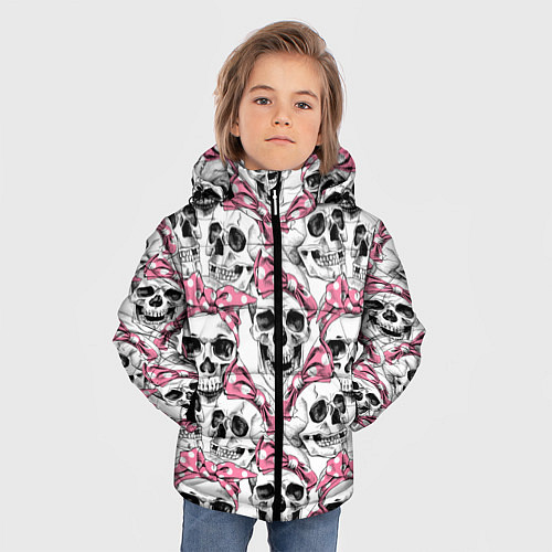 Зимняя куртка для мальчика Черепа в розовых платках / 3D-Черный – фото 3