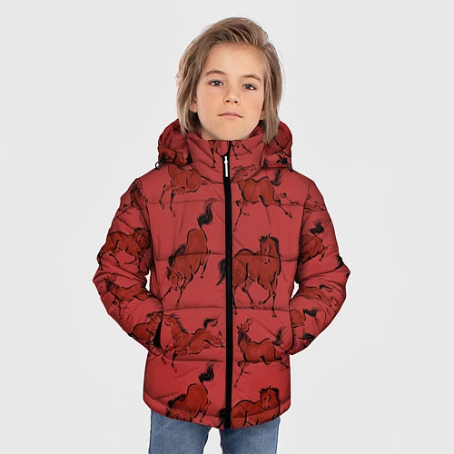 Зимняя куртка для мальчика Красные кони / 3D-Черный – фото 3