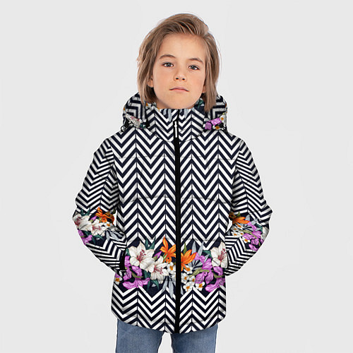Зимняя куртка для мальчика Тропически цветы с орнаментом / 3D-Черный – фото 3