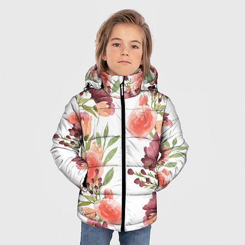 Зимняя куртка для мальчика Цветы на белом / 3D-Черный – фото 3