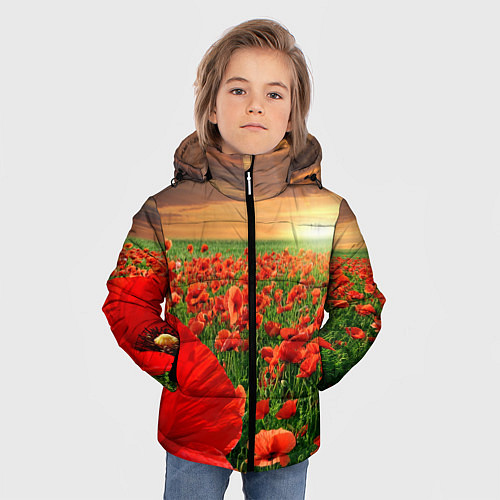 Зимняя куртка для мальчика Красный мак на закате / 3D-Черный – фото 3