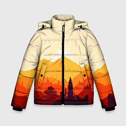 Куртка зимняя для мальчика Горы закат пейзаж лиса арт, цвет: 3D-светло-серый