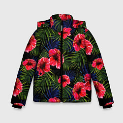 Куртка зимняя для мальчика Тропические цветы и листья, цвет: 3D-черный