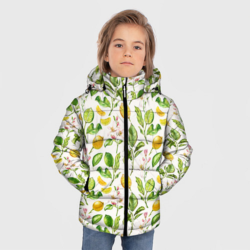 Зимняя куртка для мальчика Летний узор лимон ветки листья / 3D-Черный – фото 3