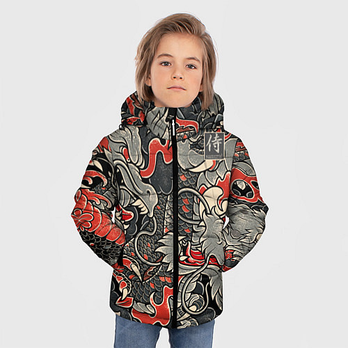 Зимняя куртка для мальчика Самурай Якудза, драконы / 3D-Черный – фото 3