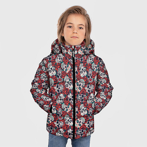 Зимняя куртка для мальчика Черепа в Розах / 3D-Черный – фото 3