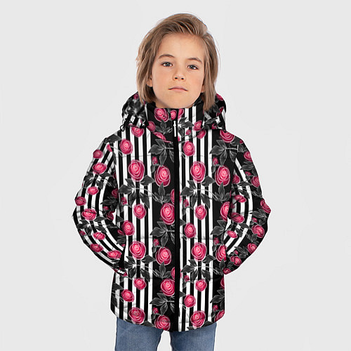 Зимняя куртка для мальчика Акварельные розы на полосатом / 3D-Черный – фото 3