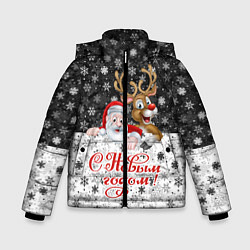 Куртка зимняя для мальчика С Новым Годом дед мороз и олень, цвет: 3D-черный