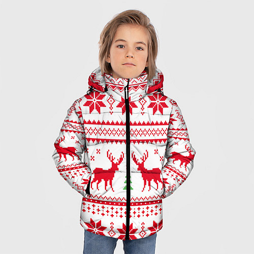 Зимняя куртка для мальчика Новогодний узор с оленями / 3D-Красный – фото 3
