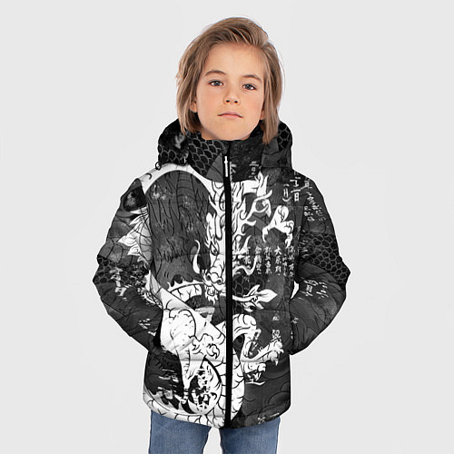 Зимняя куртка для мальчика ЧБ Японский Дракон Dragon Иероглифы / 3D-Черный – фото 3