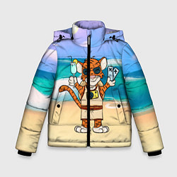 Куртка зимняя для мальчика Тигр в отпуске на новый год на море, цвет: 3D-светло-серый