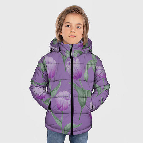 Зимняя куртка для мальчика Фиолетовые тюльпаны с зелеными листьями / 3D-Черный – фото 3