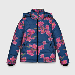 Зимняя куртка для мальчика Веточки айвы с розовыми цветами на синем фоне