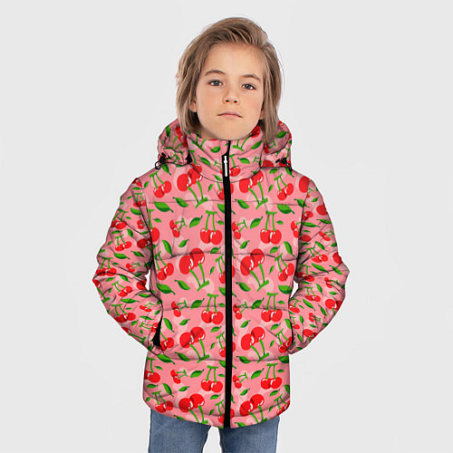 Зимняя куртка для мальчика Вишня Черешня паттерн / 3D-Черный – фото 3