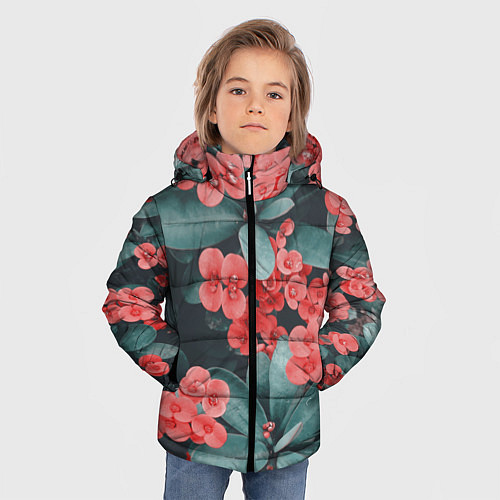 Зимняя куртка для мальчика Красивые Цветы на Зеленом дереве / 3D-Черный – фото 3