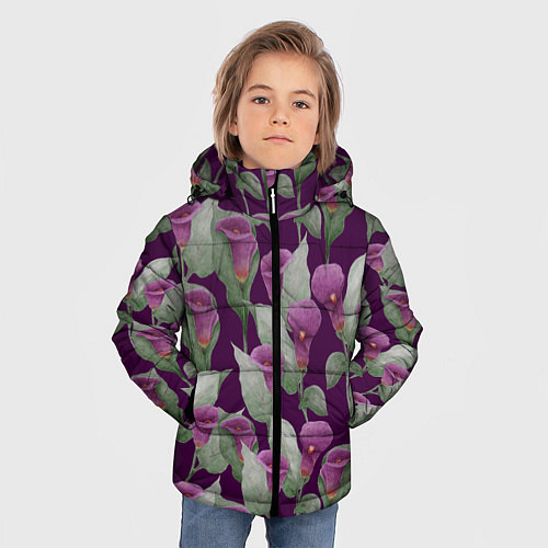 Зимняя куртка для мальчика Фиолетовые каллы на темно фиолетовом фоне / 3D-Черный – фото 3