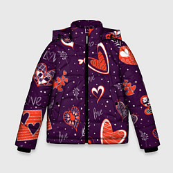 Куртка зимняя для мальчика Красно-белые сердечки и слово love на темно фиолет, цвет: 3D-красный
