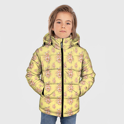Зимняя куртка для мальчика Розовые пионы на желтом фоне / 3D-Черный – фото 3