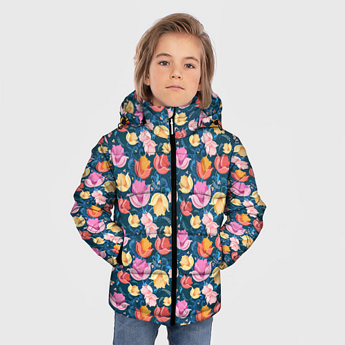Зимняя куртка для мальчика Поле цветов / 3D-Черный – фото 3