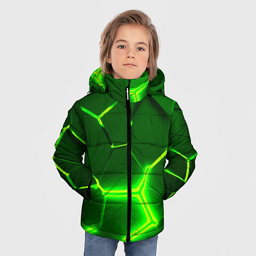Зимняя куртка для мальчика 3D ПЛИТЫ НЕОН NEON GREEN HEXAGON РАЗЛОМ / 3D-Черный – фото 3