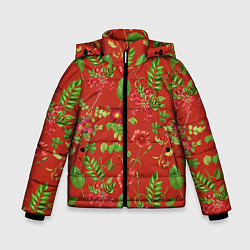 Зимняя куртка для мальчика Паттерн из листьев на красном фоне