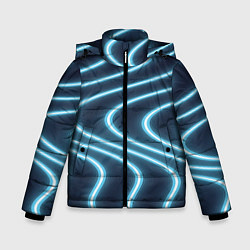 Куртка зимняя для мальчика Неоновый свет Волны голубые на темном фоне, цвет: 3D-светло-серый
