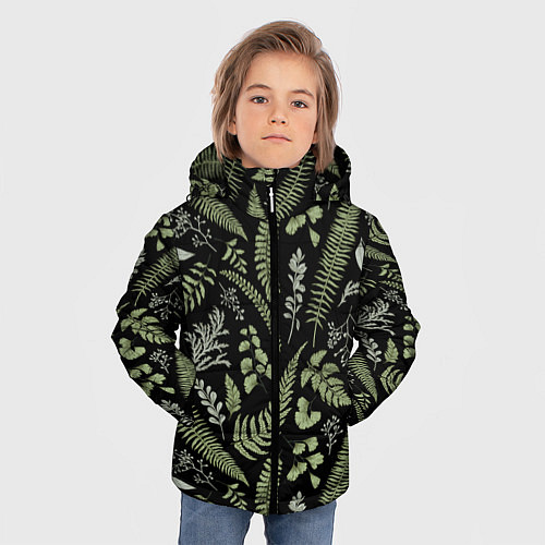 Зимняя куртка для мальчика Зелёные листья папоротника на черном фоне / 3D-Черный – фото 3