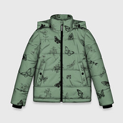 Куртка зимняя для мальчика Цветочки и бабочки на зеленом фоне, цвет: 3D-светло-серый