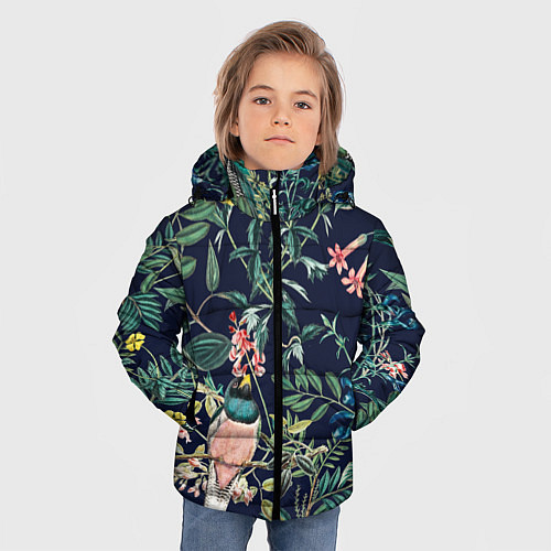 Зимняя куртка для мальчика Цветы и Розовые Птицы В Саду / 3D-Черный – фото 3