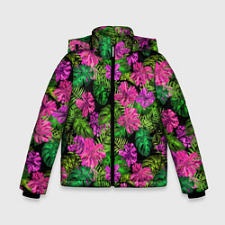 Куртка зимняя для мальчика Тропические листья и цветы на черном фоне, цвет: 3D-светло-серый
