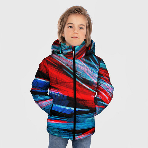 Зимняя куртка для мальчика Неоновые прерывающиеся линии - Красный и голубой / 3D-Черный – фото 3