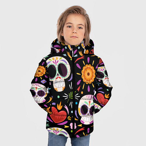 Зимняя куртка для мальчика Веселые черепа в цветах / 3D-Черный – фото 3