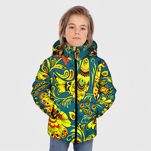 Зимняя куртка для мальчика Хохломская Роспись Две Птицы / 3D-Черный – фото 3