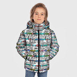 Куртка зимняя для мальчика Черно -белые листья монстеры на цветных полосах, цвет: 3D-черный — фото 2