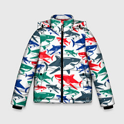Куртка зимняя для мальчика Стая разноцветных акул - паттерн, цвет: 3D-светло-серый