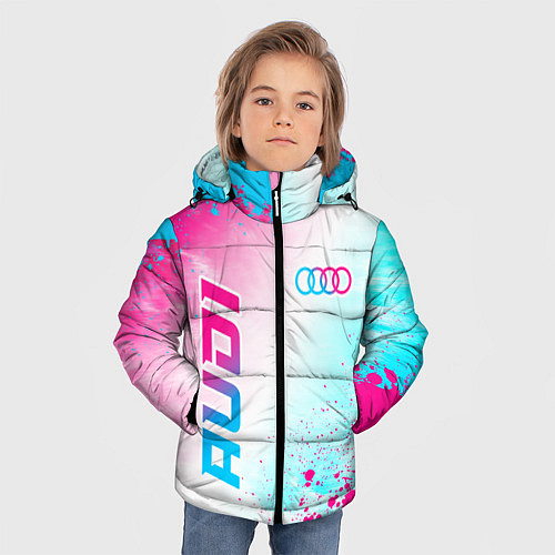 Зимняя куртка для мальчика Audi neon gradient style: символ и надпись вертика / 3D-Черный – фото 3