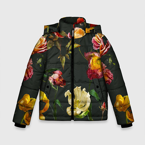 Зимняя куртка для мальчика Цветы Нарисованные Красные Розы и Лилии На Коричне / 3D-Светло-серый – фото 1