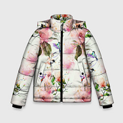 Куртка зимняя для мальчика Цветы Нарисованные Магнолии и Разноцветные Птицы, цвет: 3D-черный