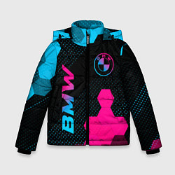 Куртка зимняя для мальчика BMW - neon gradient: символ и надпись вертикально, цвет: 3D-черный