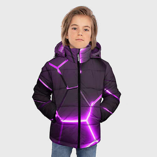 Зимняя куртка для мальчика Фиолетовые неоновые геометрические плиты / 3D-Черный – фото 3