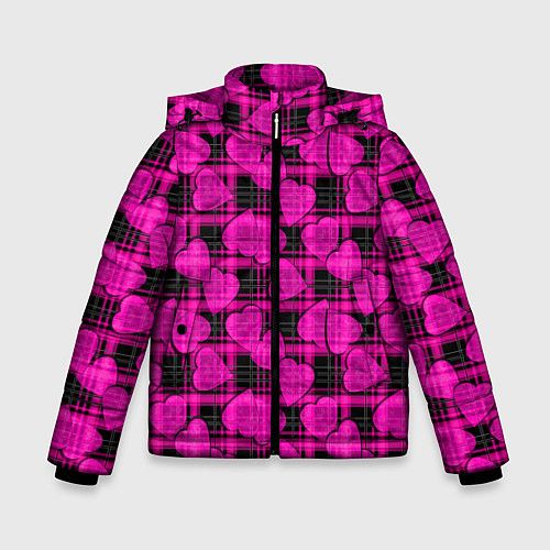 Зимняя куртка для мальчика Black and pink hearts pattern on checkered / 3D-Светло-серый – фото 1