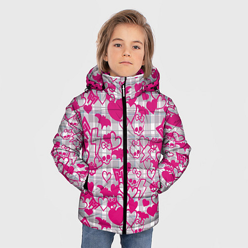 Зимняя куртка для мальчика Розовые черепа паттерн / 3D-Черный – фото 3