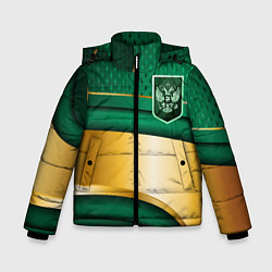 Куртка зимняя для мальчика Герб России на зеленой абстракции, цвет: 3D-черный