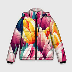 Куртка зимняя для мальчика Букет акварельных тюльпанов, цвет: 3D-черный
