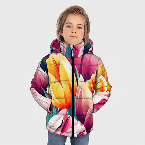 Зимняя куртка для мальчика Букет акварельных тюльпанов / 3D-Черный – фото 3