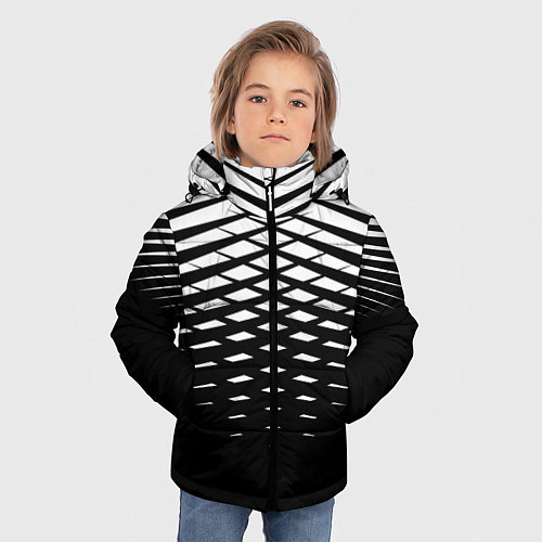 Зимняя куртка для мальчика Черно-белая симметричная сетка из треугольников / 3D-Черный – фото 3