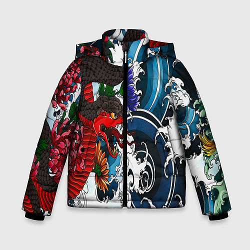 Зимняя куртка для мальчика Японский узор со змеей / 3D-Светло-серый – фото 1
